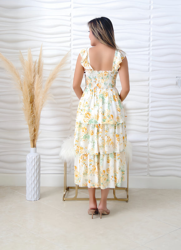 Ally Yellow Floral Tiered Midi Dress