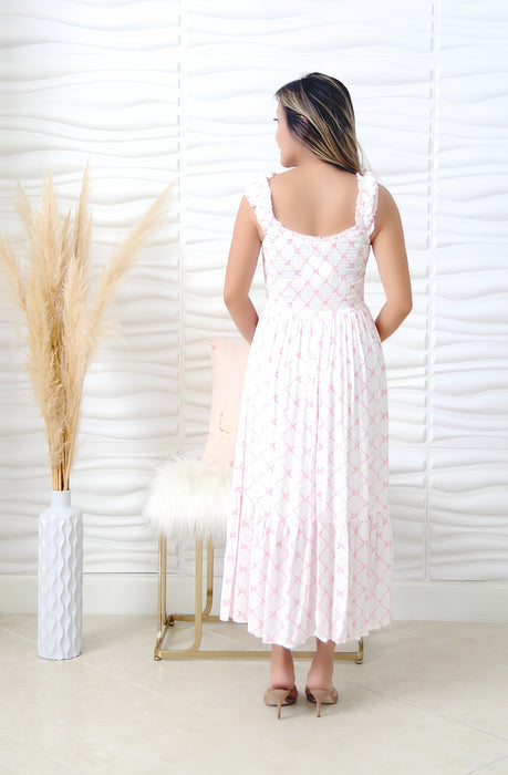 Kristy Pink Bow Pattern Midi Dress
