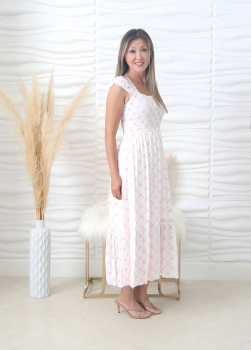 Kristy Pink Bow Pattern Midi Dress
