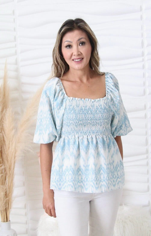 Kelly Blue Puff Sleeve Smocked Top