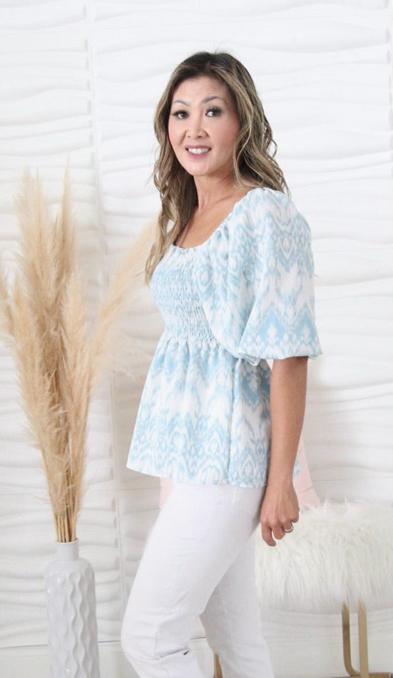 Kelly Blue Puff Sleeve Smocked Top