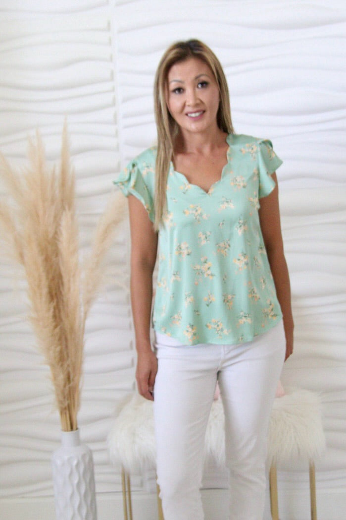 Mandy Mint Scallop Neck Blouse