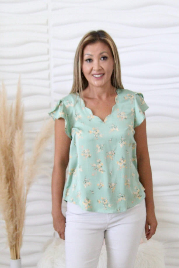Mandy Mint Scallop Neck Blouse