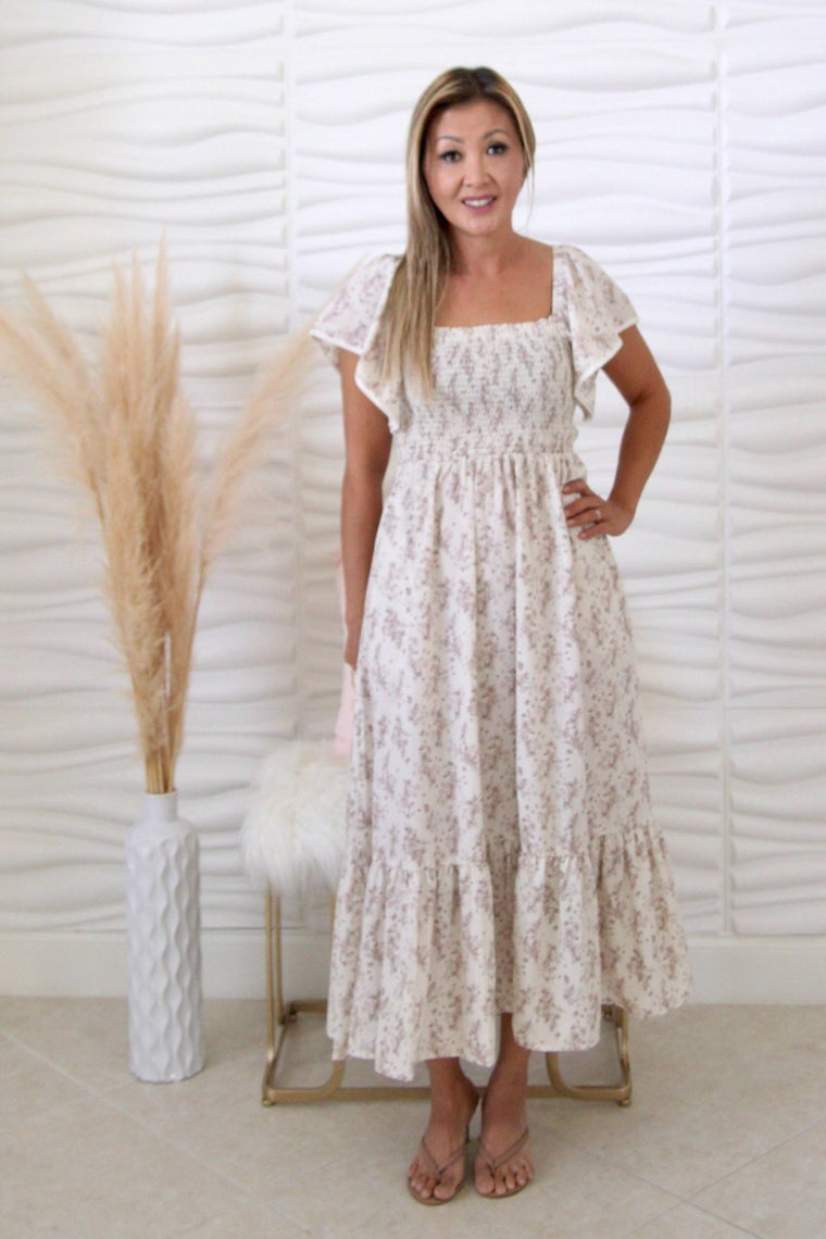 Christy Cream Flutter Sleeve Maxi Dress