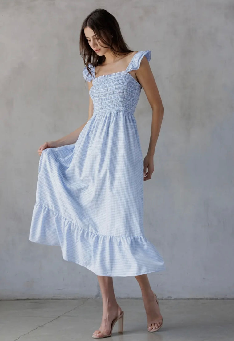 Maureen Blue Gingham Midi Dress